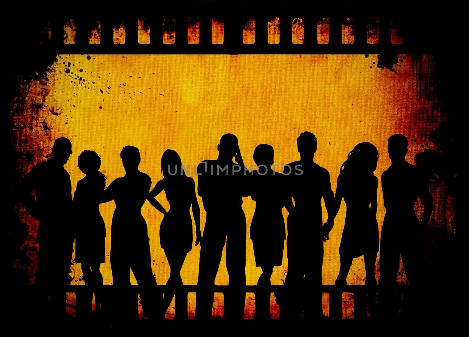 Group of young people on grunge film strip background