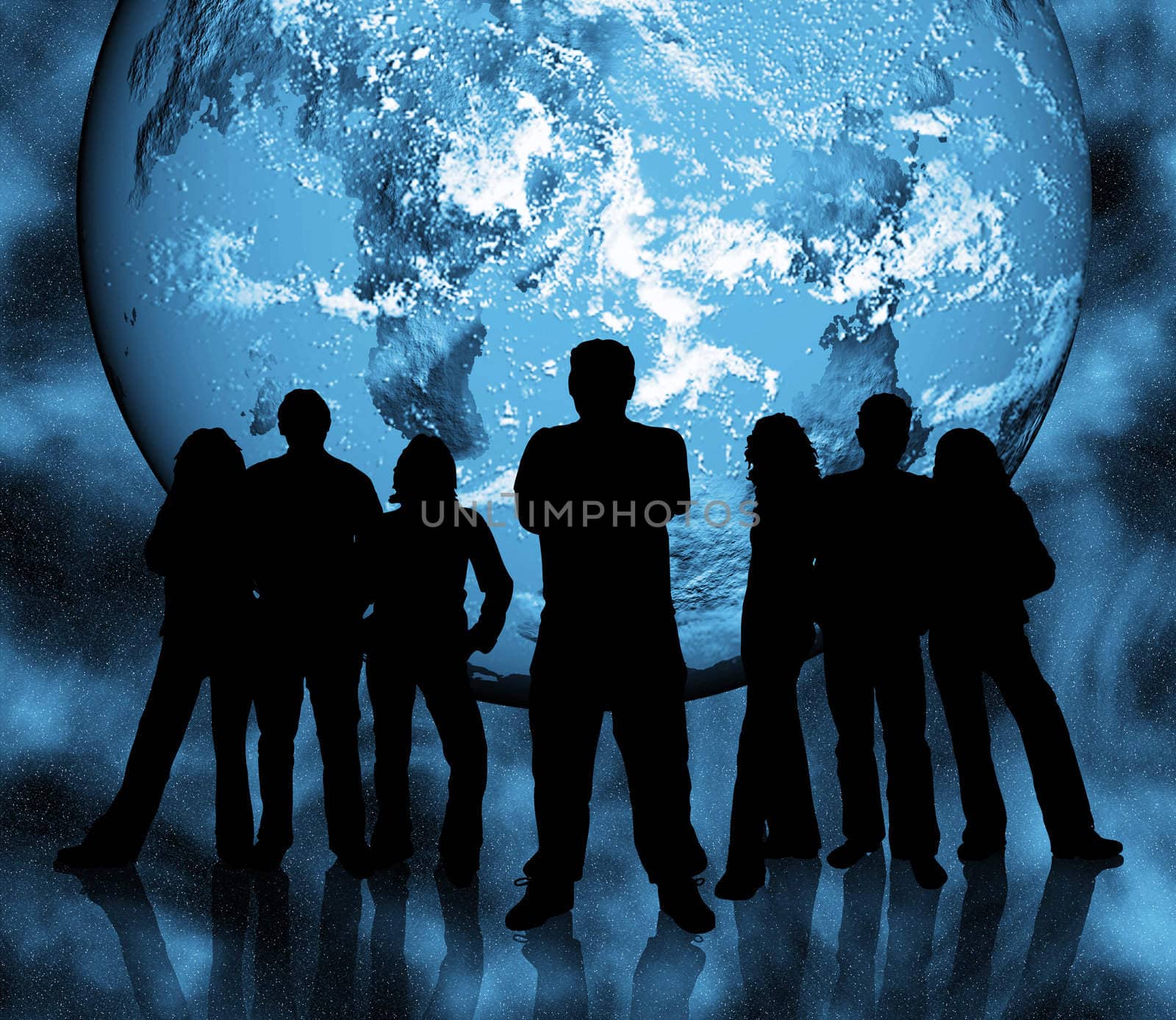 Silhouettes of a group of people in front of the world