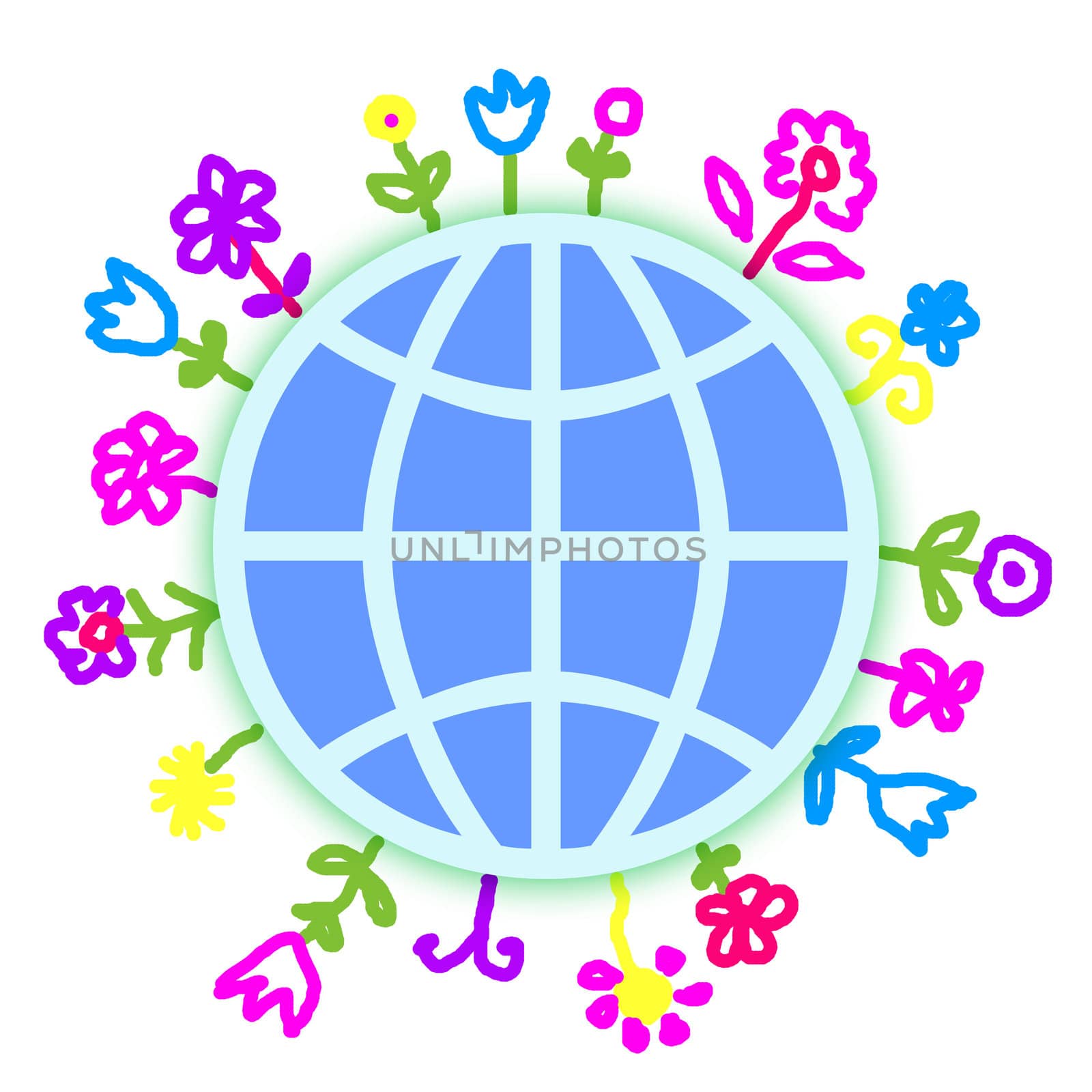  globe with flowers on white background, drawing