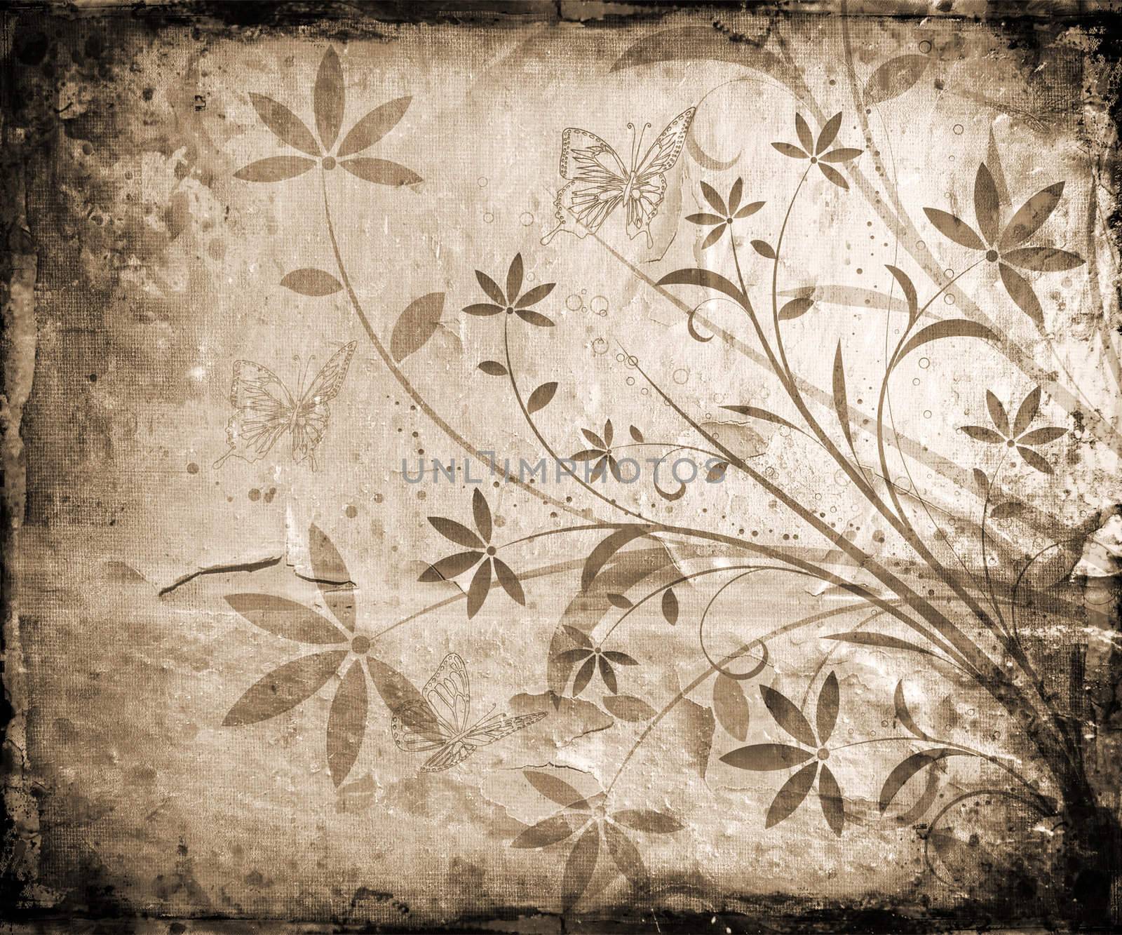 Abstract floral design with butterflies on grunge background