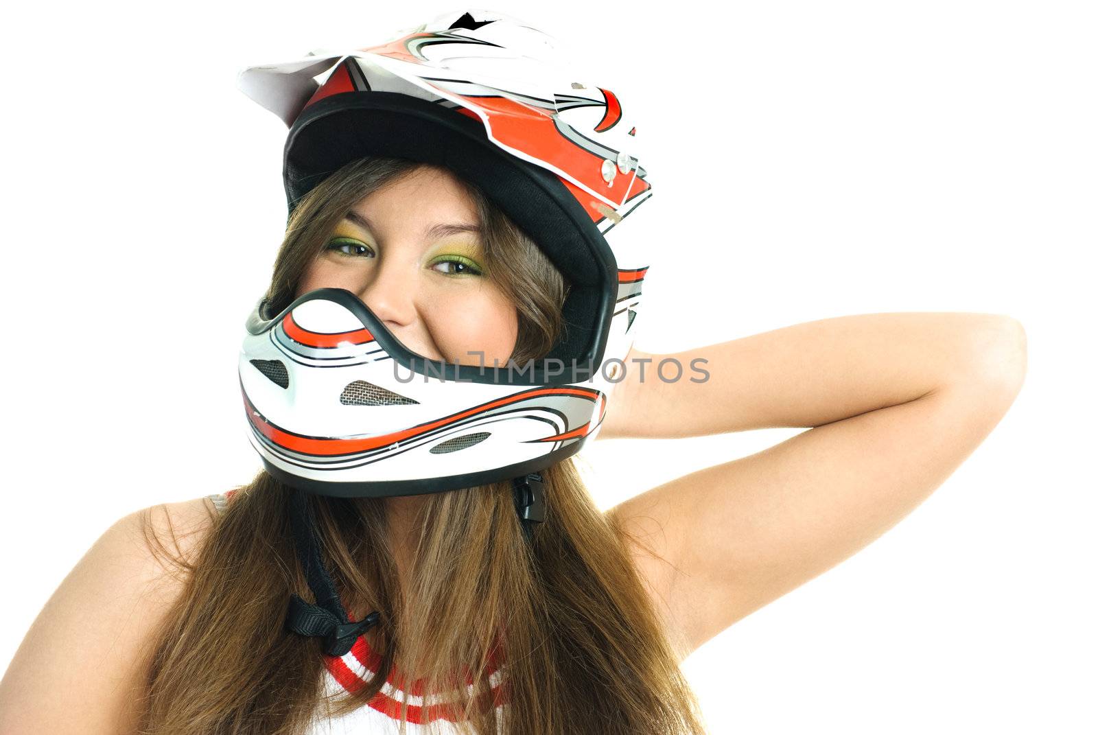 pretty young woman wearing a motorcycle helmet