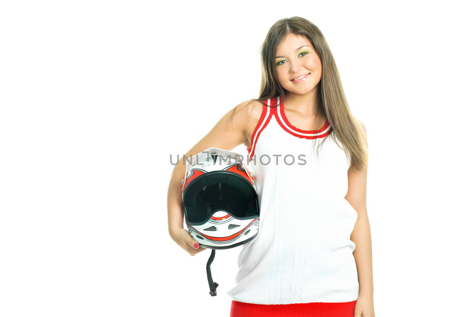pretty young woman holding a motorcycle helmet, isolated against white background