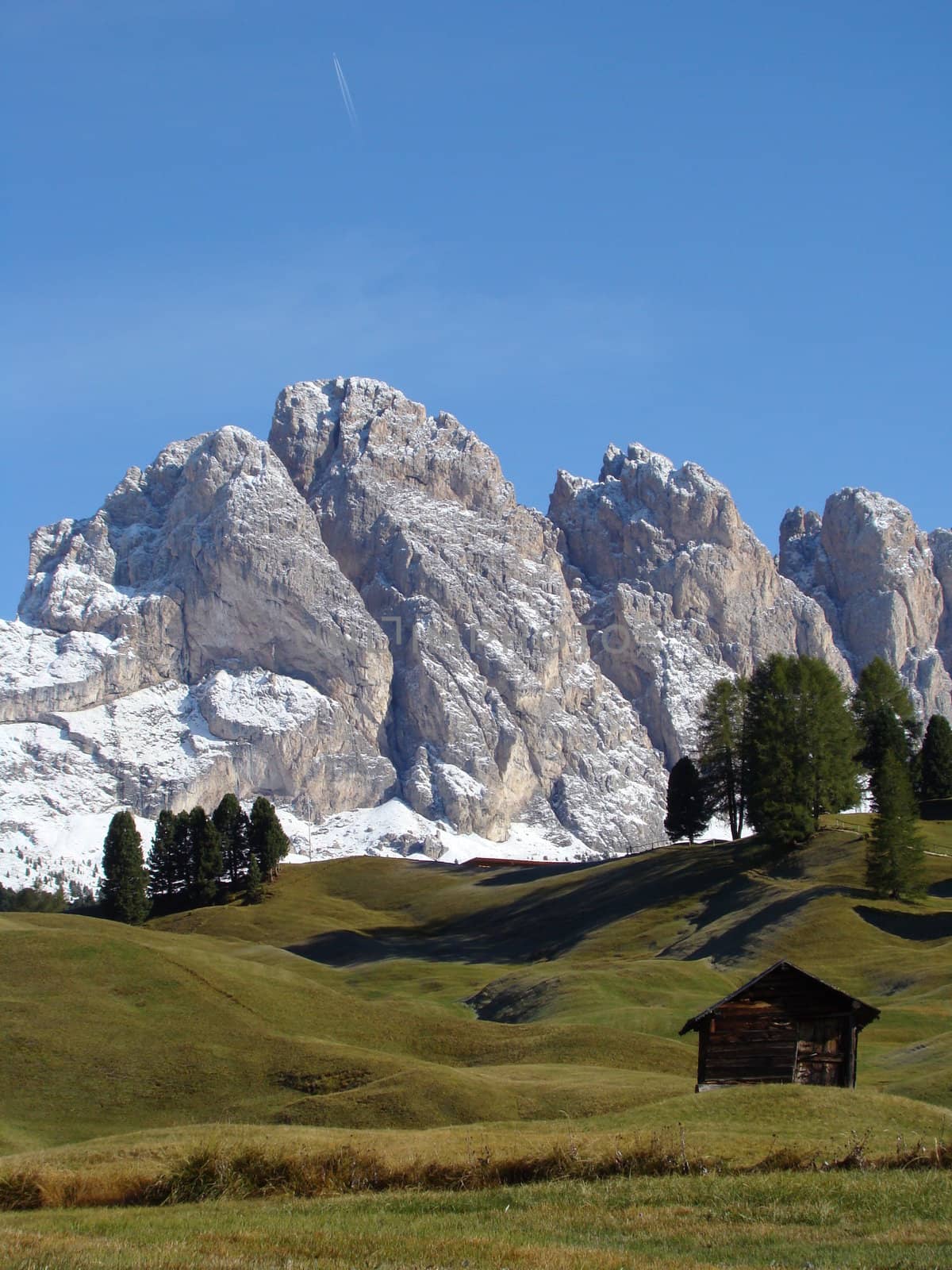 alpine scenery meadows with high peaks of Dolomites in the background Italy