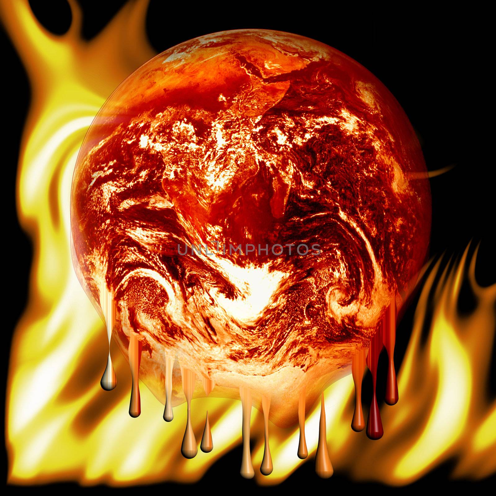 photoshopped image (based on a Nasa public domain image) of a red hot glowing, burning earth on a fire background, global warming concept