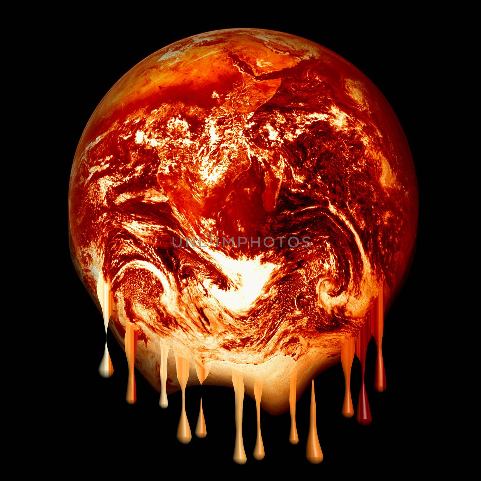 photoshopped image (based on a Nasa public domain image) of a red hot glowing, melting like wax earth isolated on a black background, global warming concept