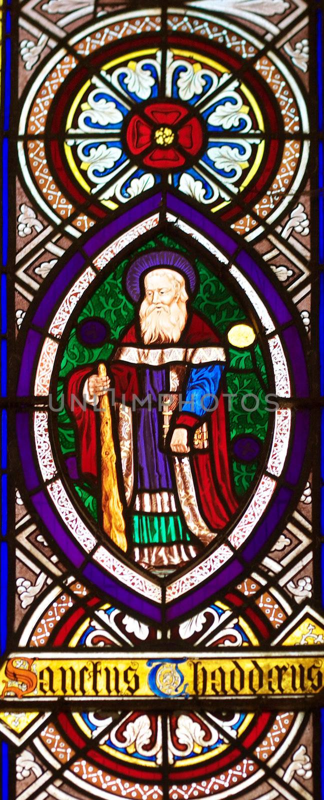 Window picturing Saint Thaddeus in Chetwode Parish Church (former Abbey) in Buckinghamshire, England