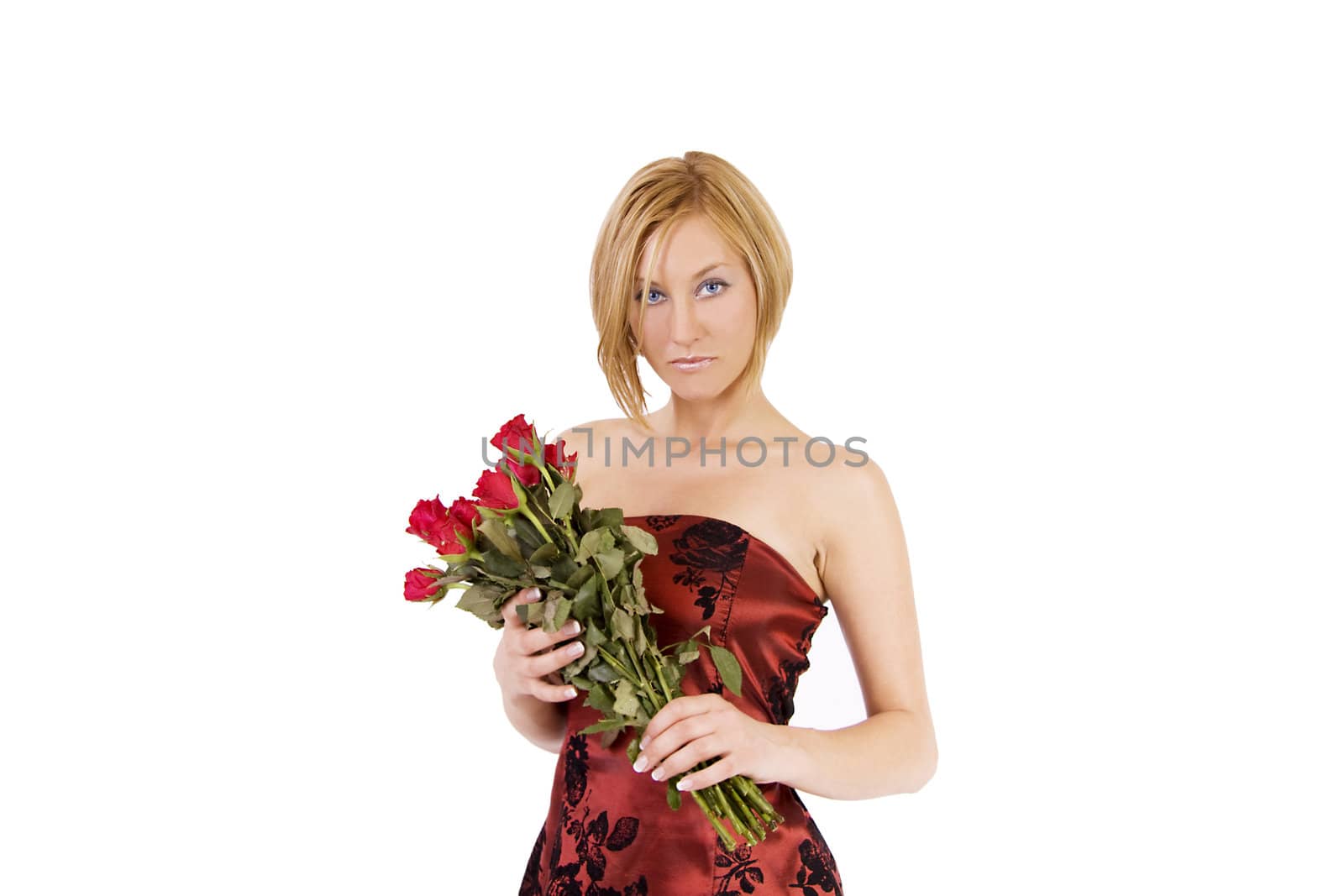 A blond woman with a red party dress and holding a buket of roses.