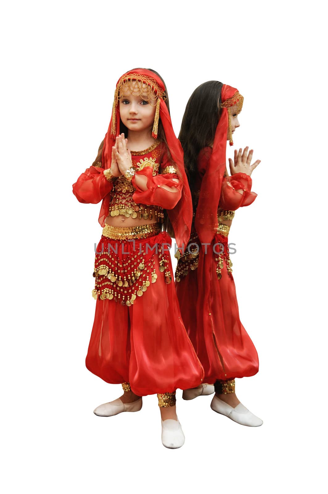 a girl dances east dance on a white background