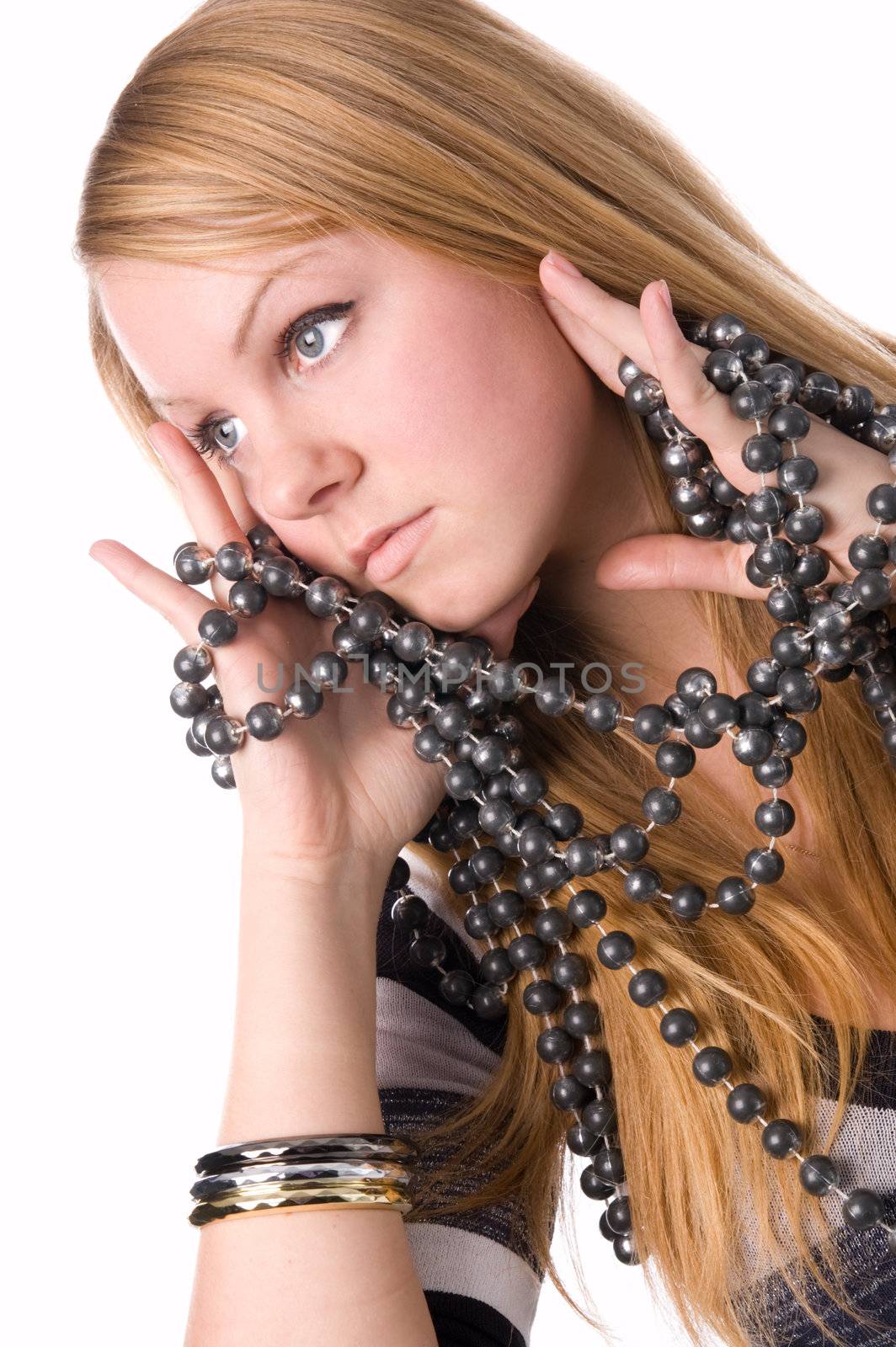 The girl with a beads isolated on a white background.