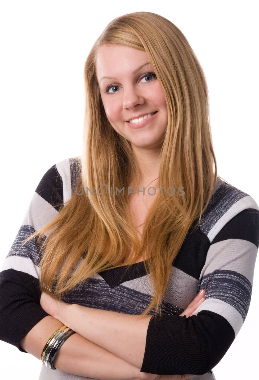 A smiling blonde isolated on white background.