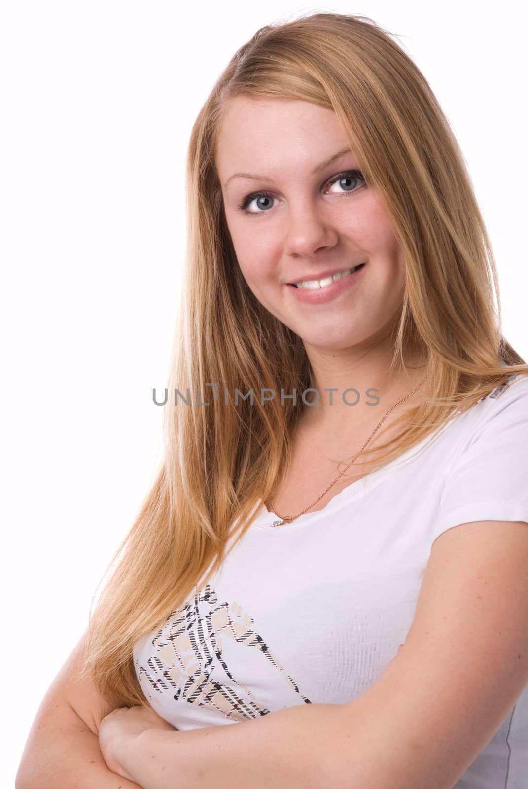 A smiling blonde isolated on white background.