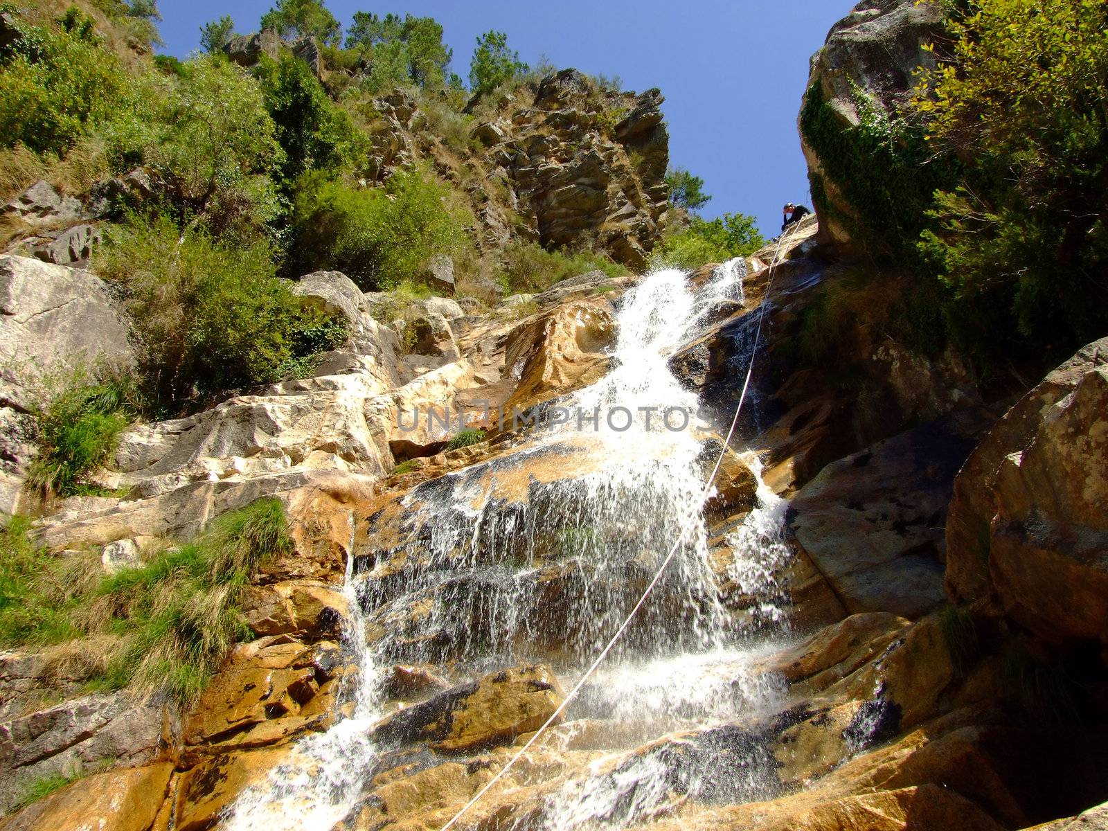 Men on the edge of a waterfall waiting to descend