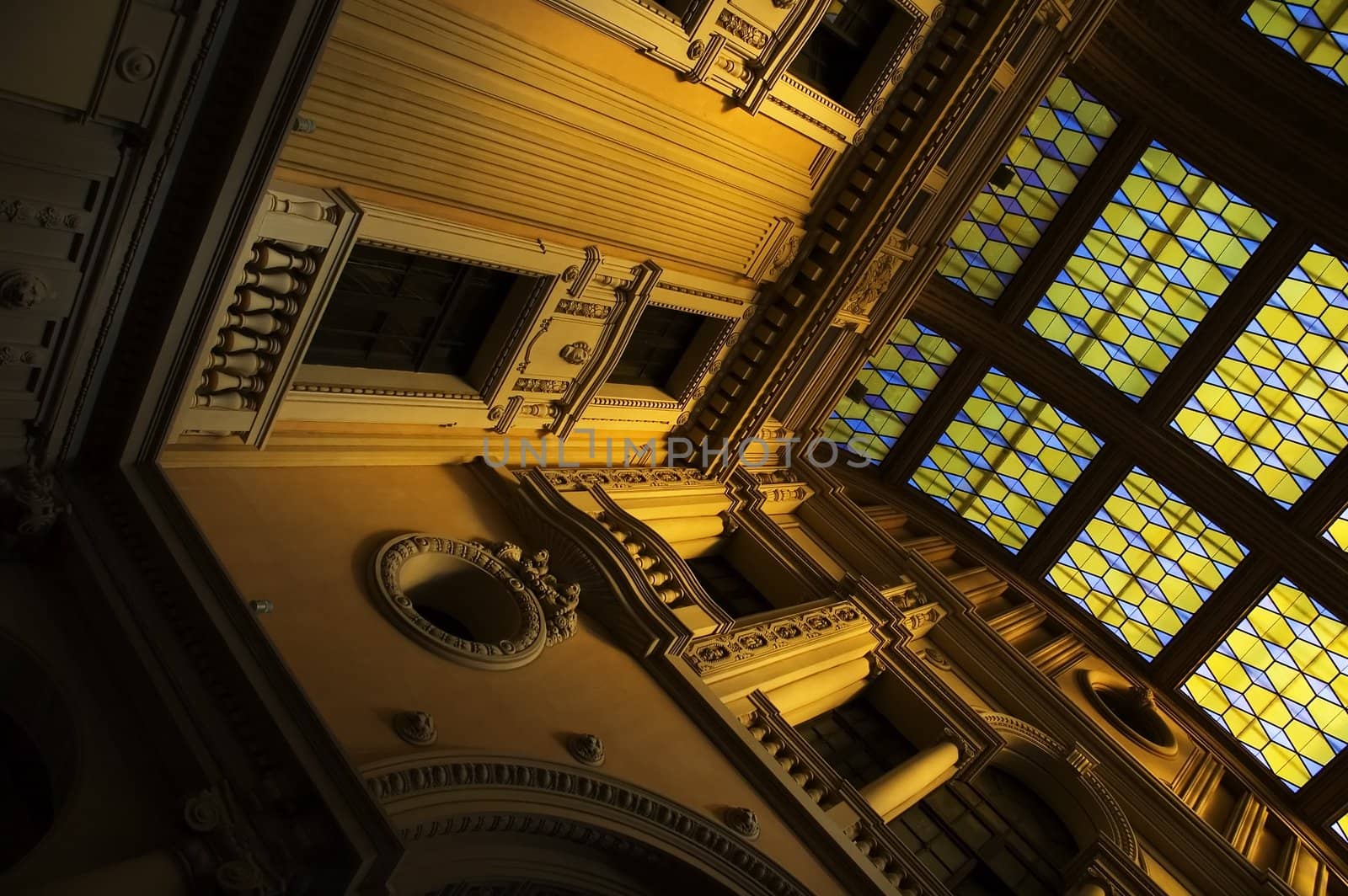 Classical building interior with golden light 