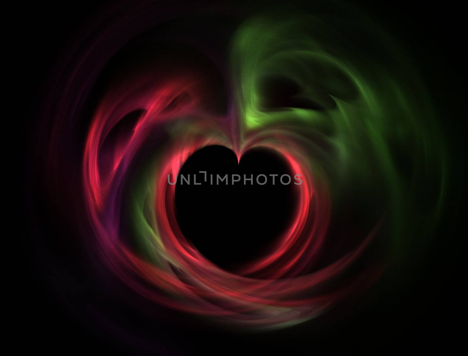 high resolution flame fractal forming a heart in typical christmas colors