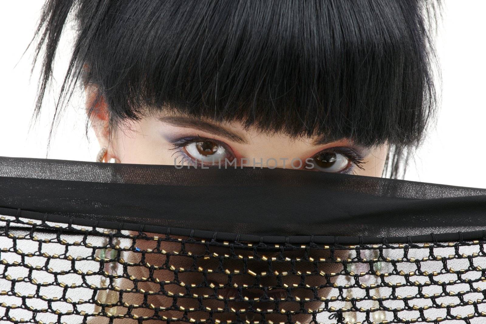 portrait of oriental girl with black fishnet cloth