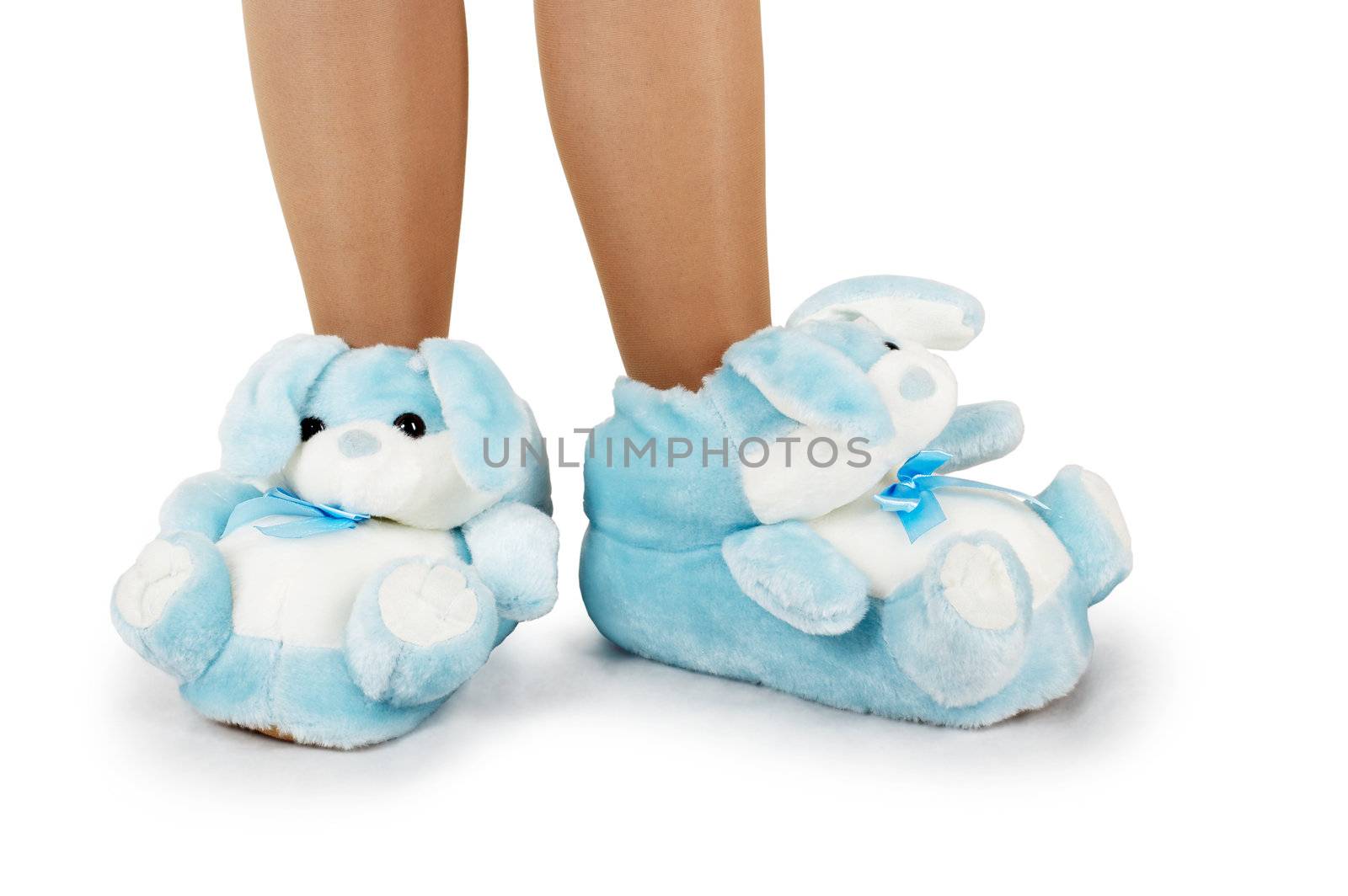 Blue house slippers on a white background