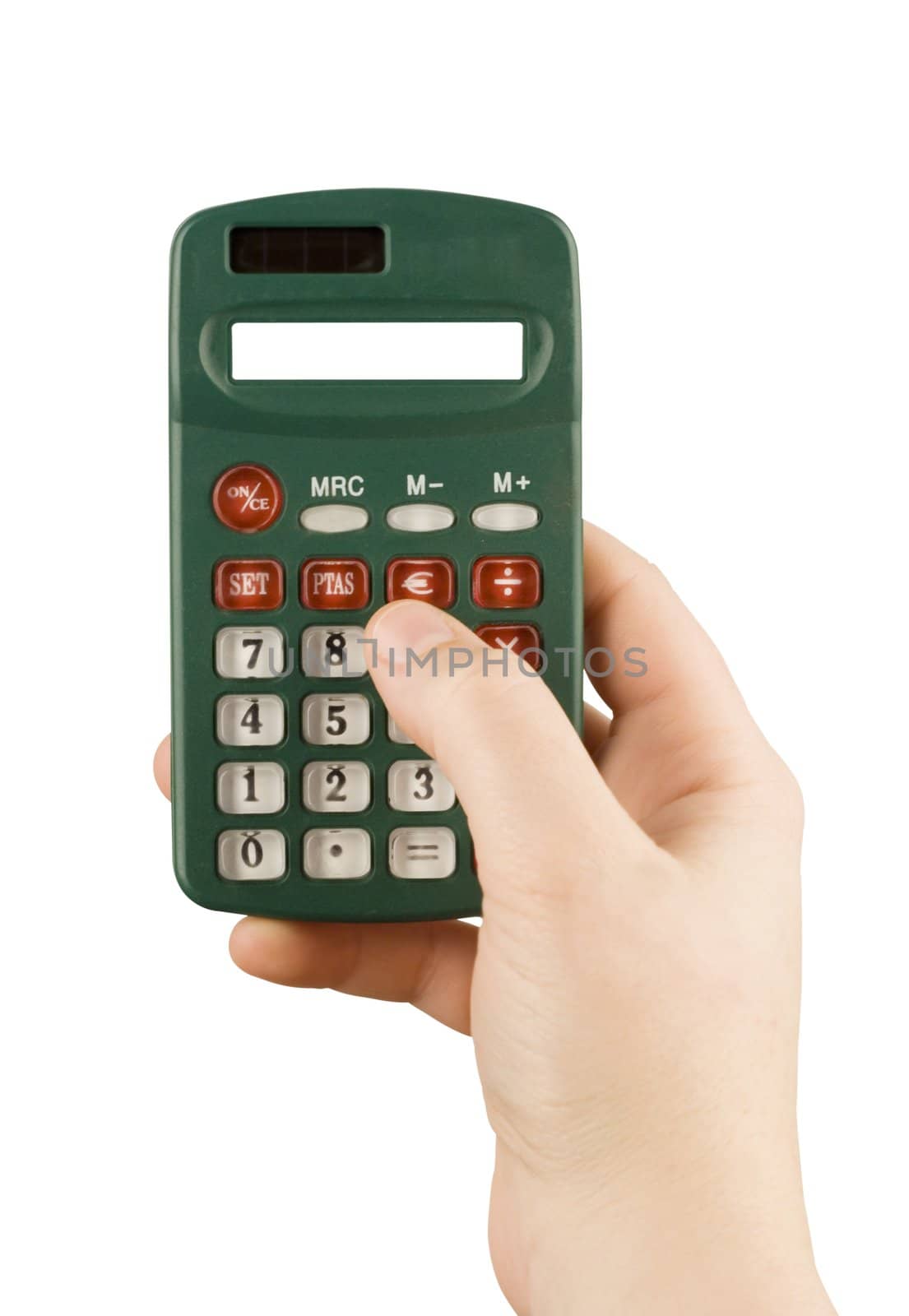 business financial calculator machine hold in woman hand by Trebuchet