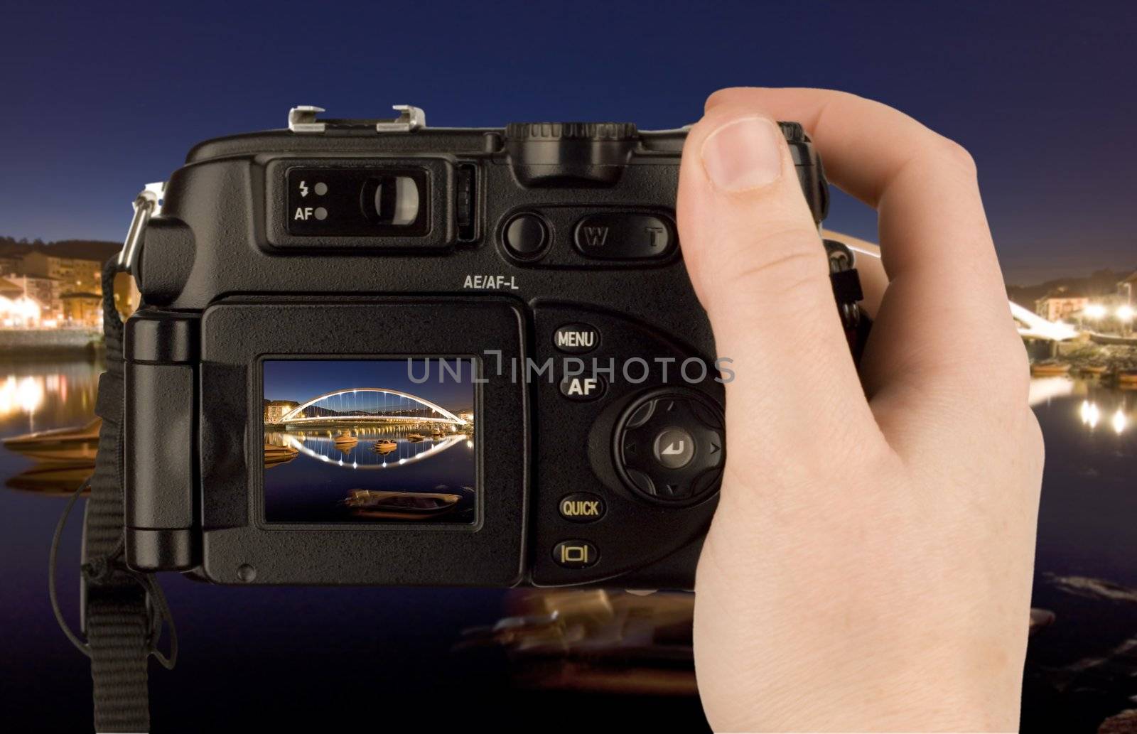 Digital Camera photo in a hand isolated on withe background. lcd screen and background can be easily edited by Trebuchet