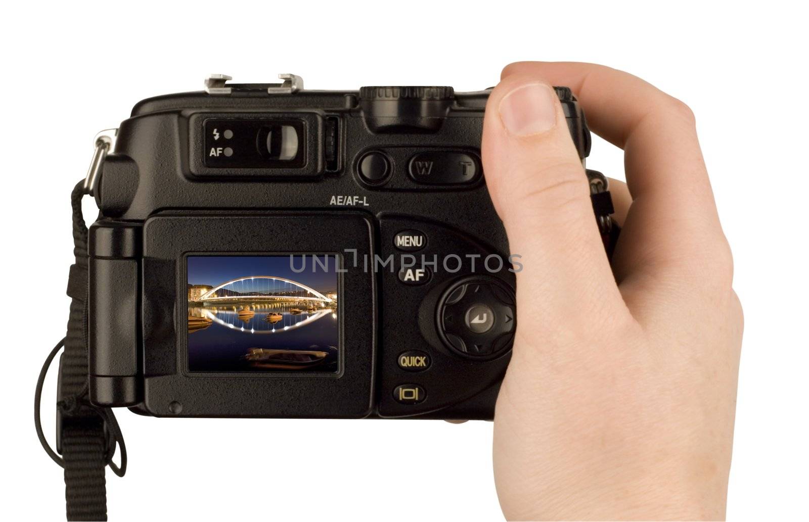 Digital Camera photo in a hand isolated on withe background. lcd screen and background can be easily edited by Trebuchet
