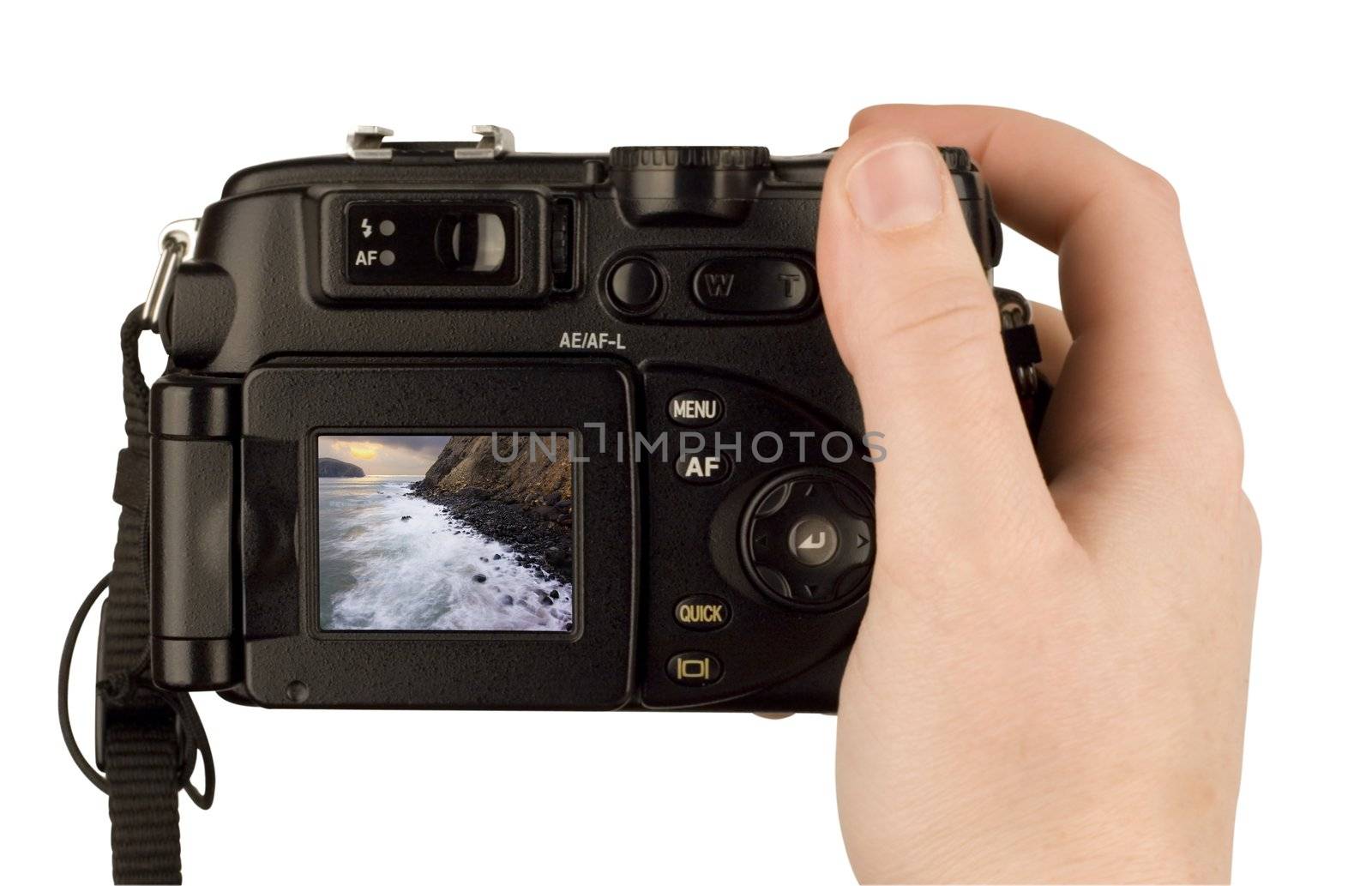 Digital Camera photo in a hand isolated on withe background. lcd screen and background can be easily edited