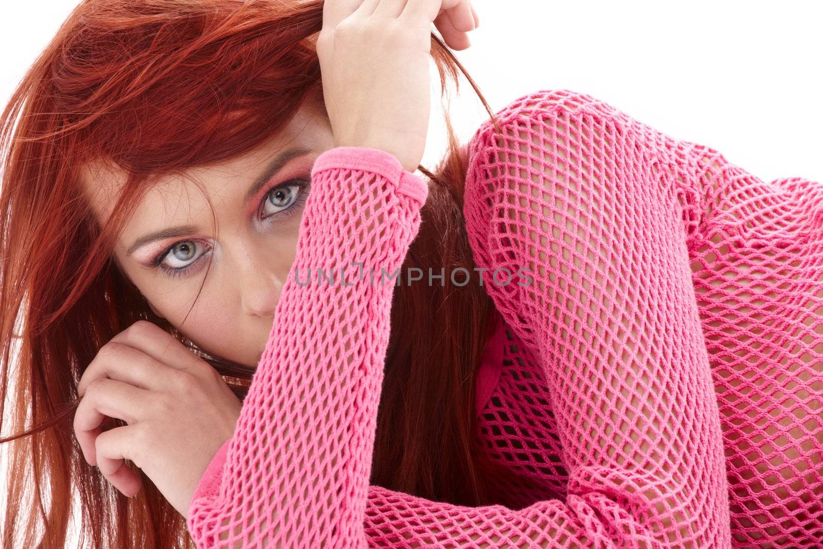 picture of mysterious redhead in pink fishnet