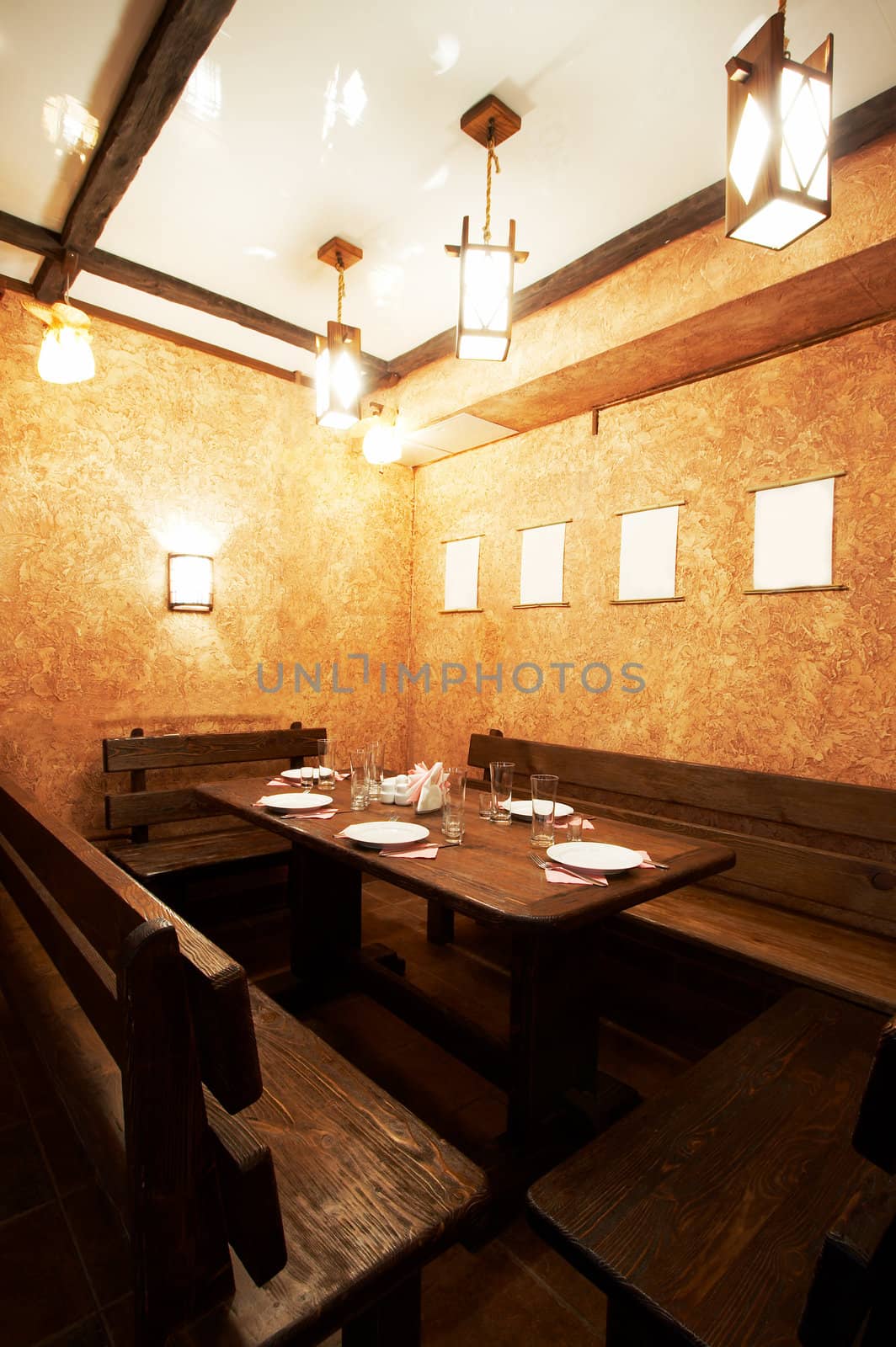 Wooden a table and benches at the Japanese restaurant