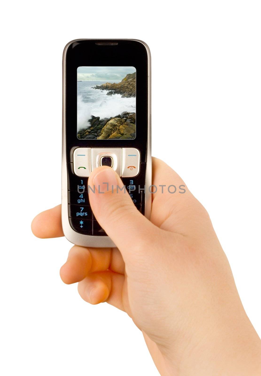 a technology cellular phone holding in a human hand