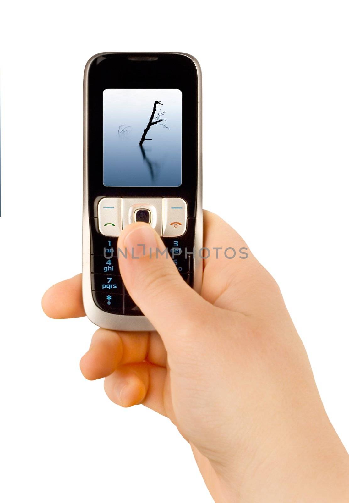 a technology cellular phone holding in a human hand