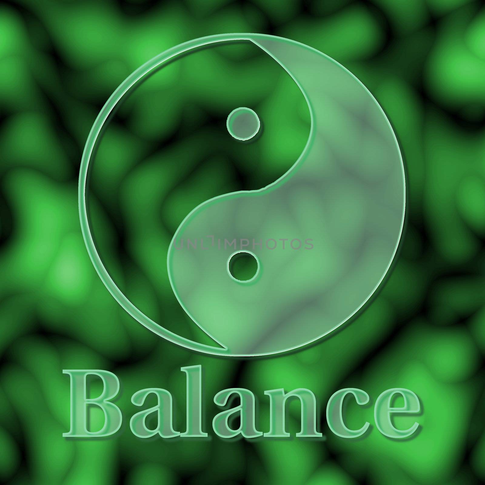 Balance illustrated with a glass yin yang symbol on green - raster illustration.