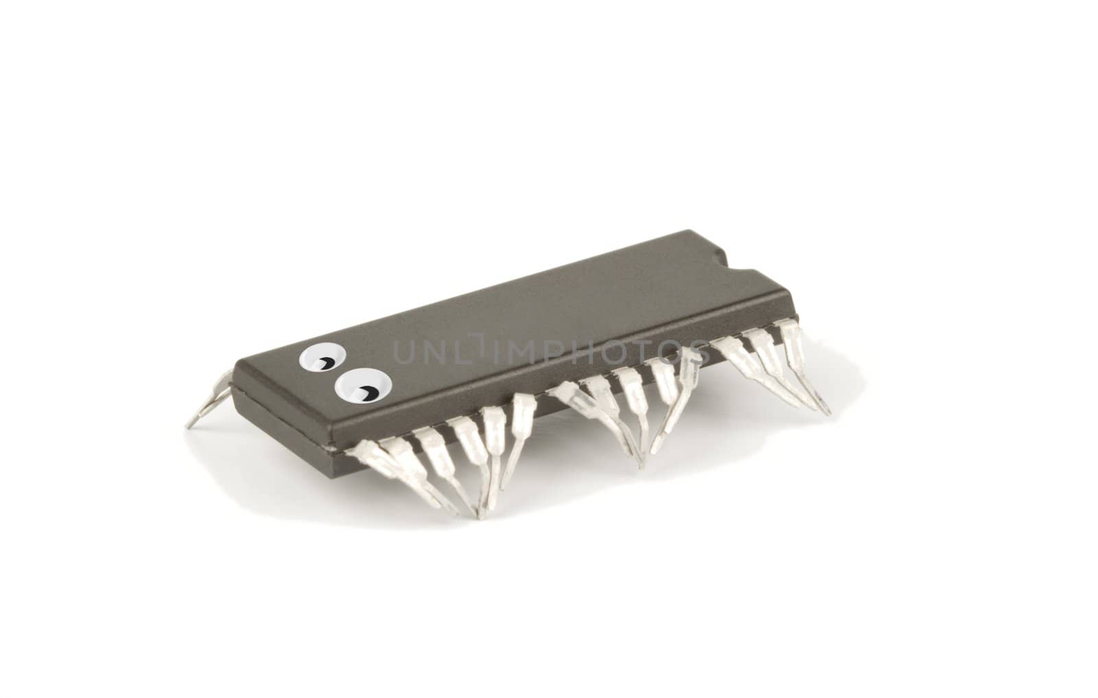 technology isolated computer electronic chip on white background with its pins as legs of a live worm