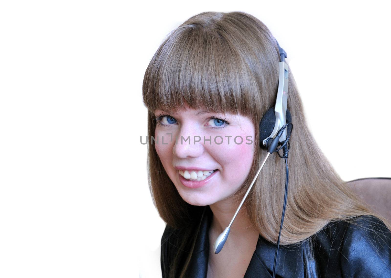 Girl talking to customer via headset. 
