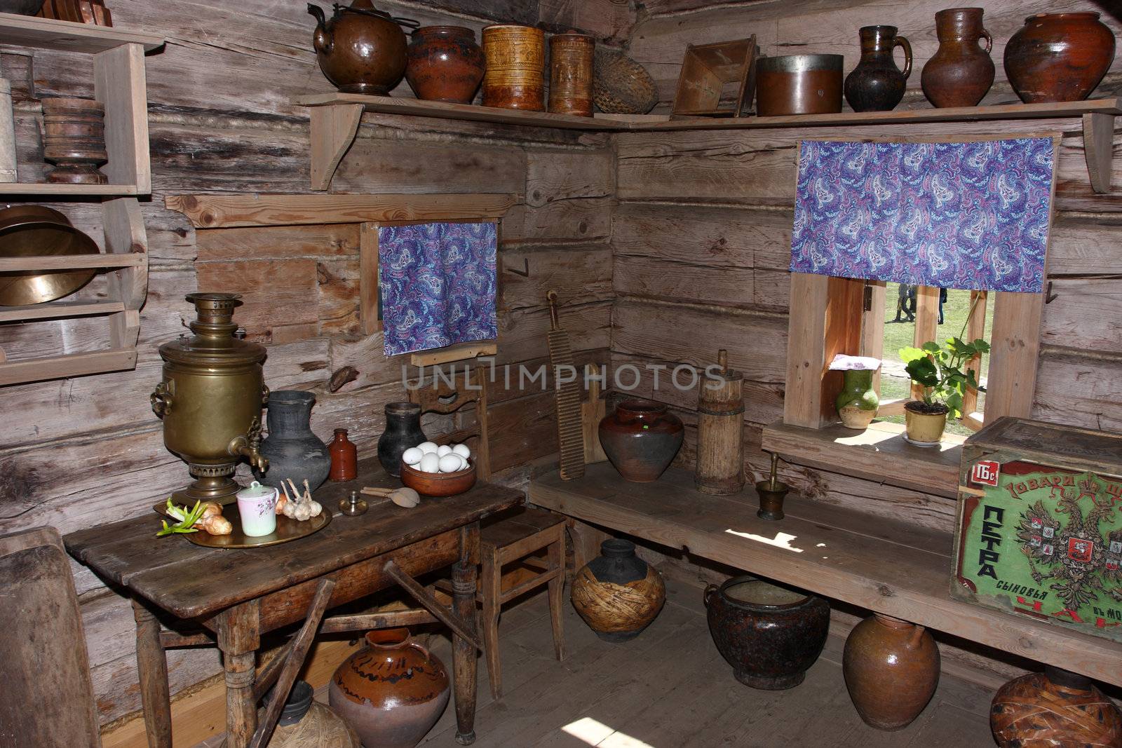 samovar, eggs, kitchen, table, jug, clay, room, onions, garlic, wooden, house, walls, bars