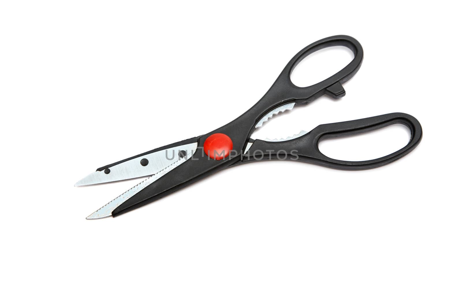 Modern kitchen scissors on a white background