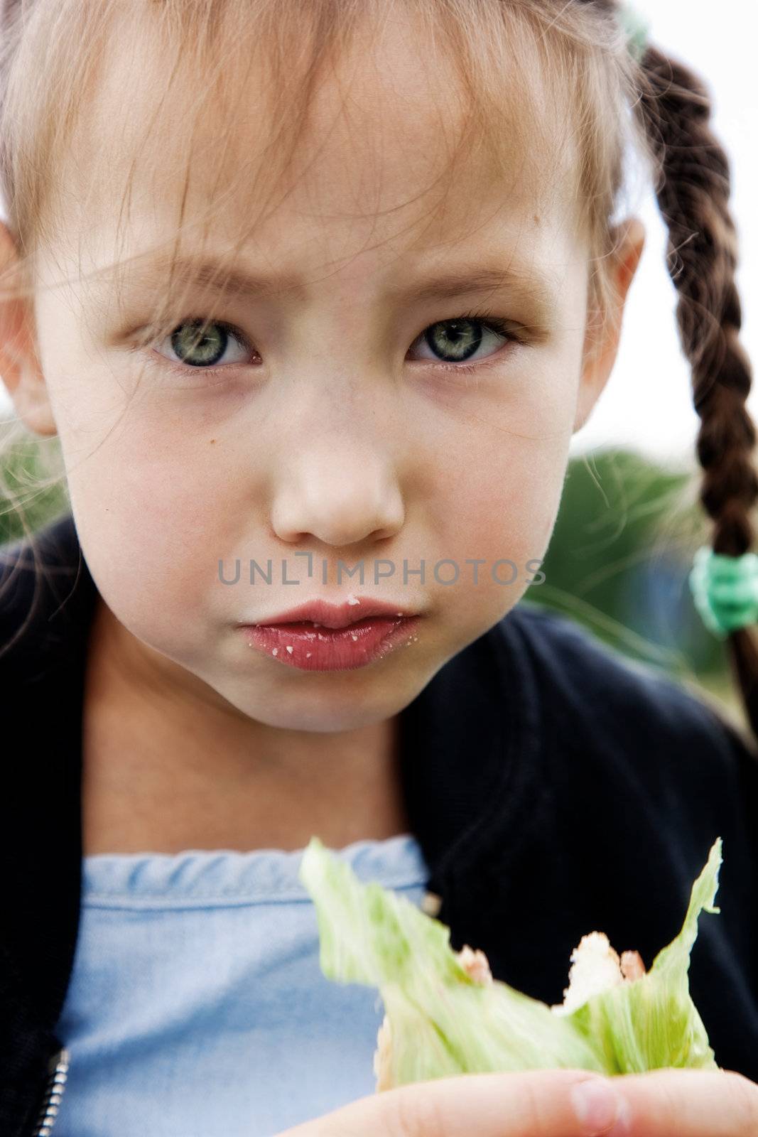 Little girl eats a sandwich
