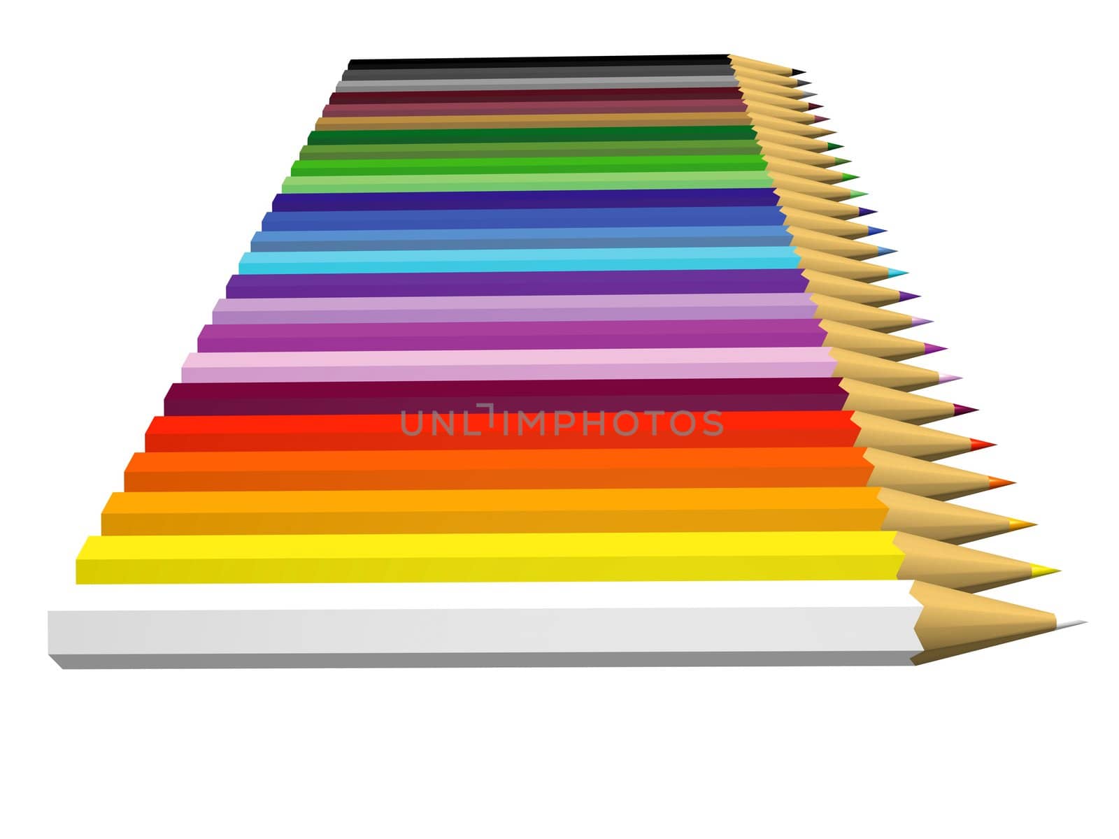 Row of twenty-four pencils in various colors