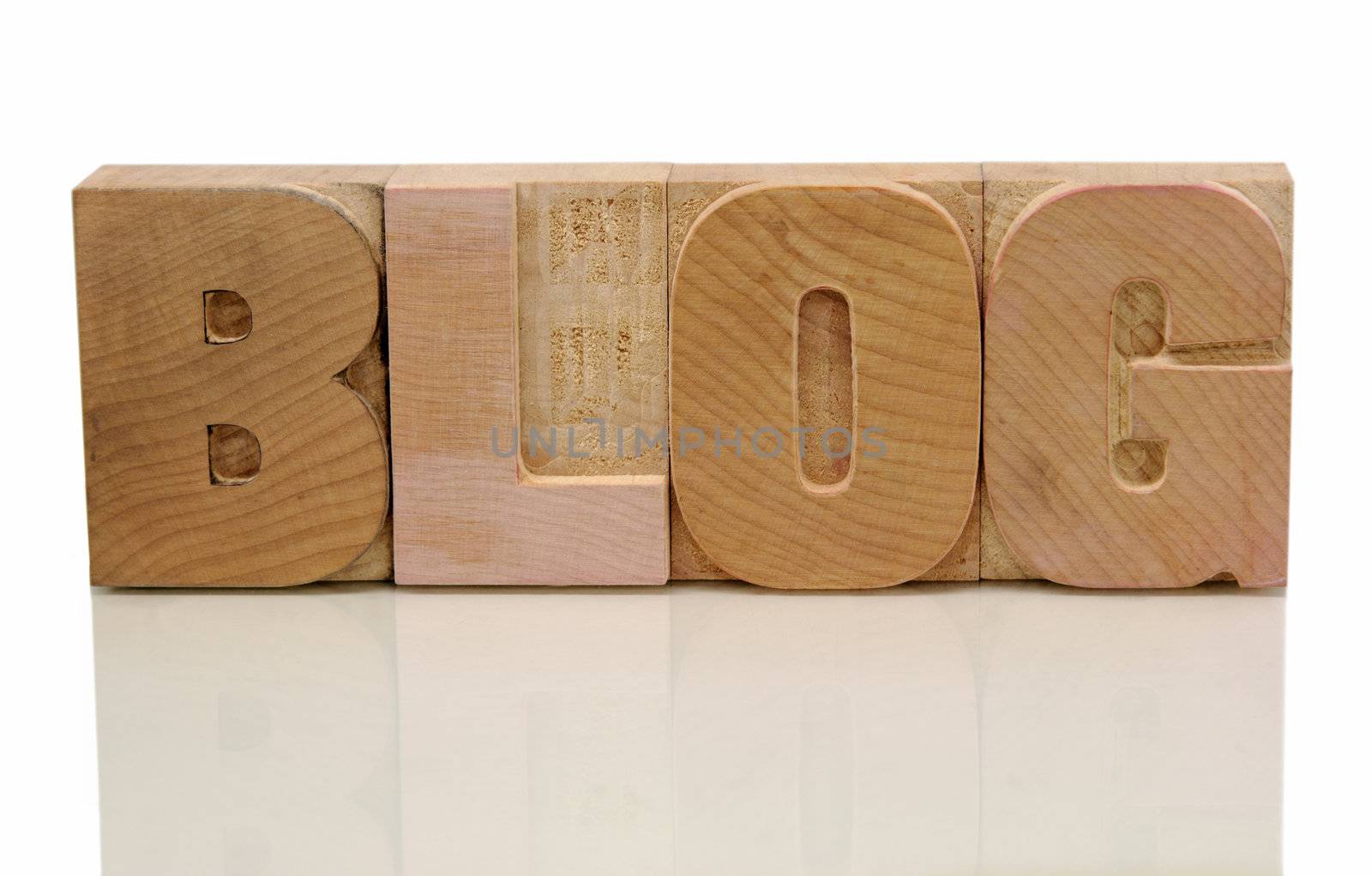 old wood letterpress type spells out the word 'blog' in all caps