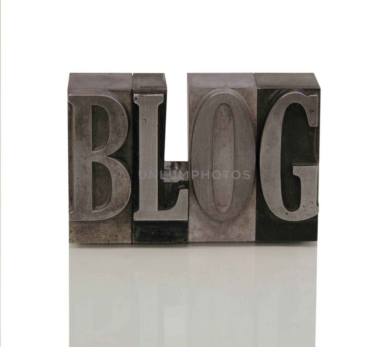 the word 'blog' in letterpress metal type in a condensed font
