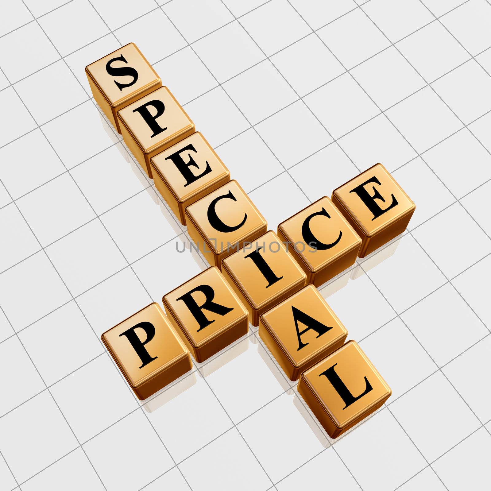 3d golden cubes with black letters like crossword with text - special price