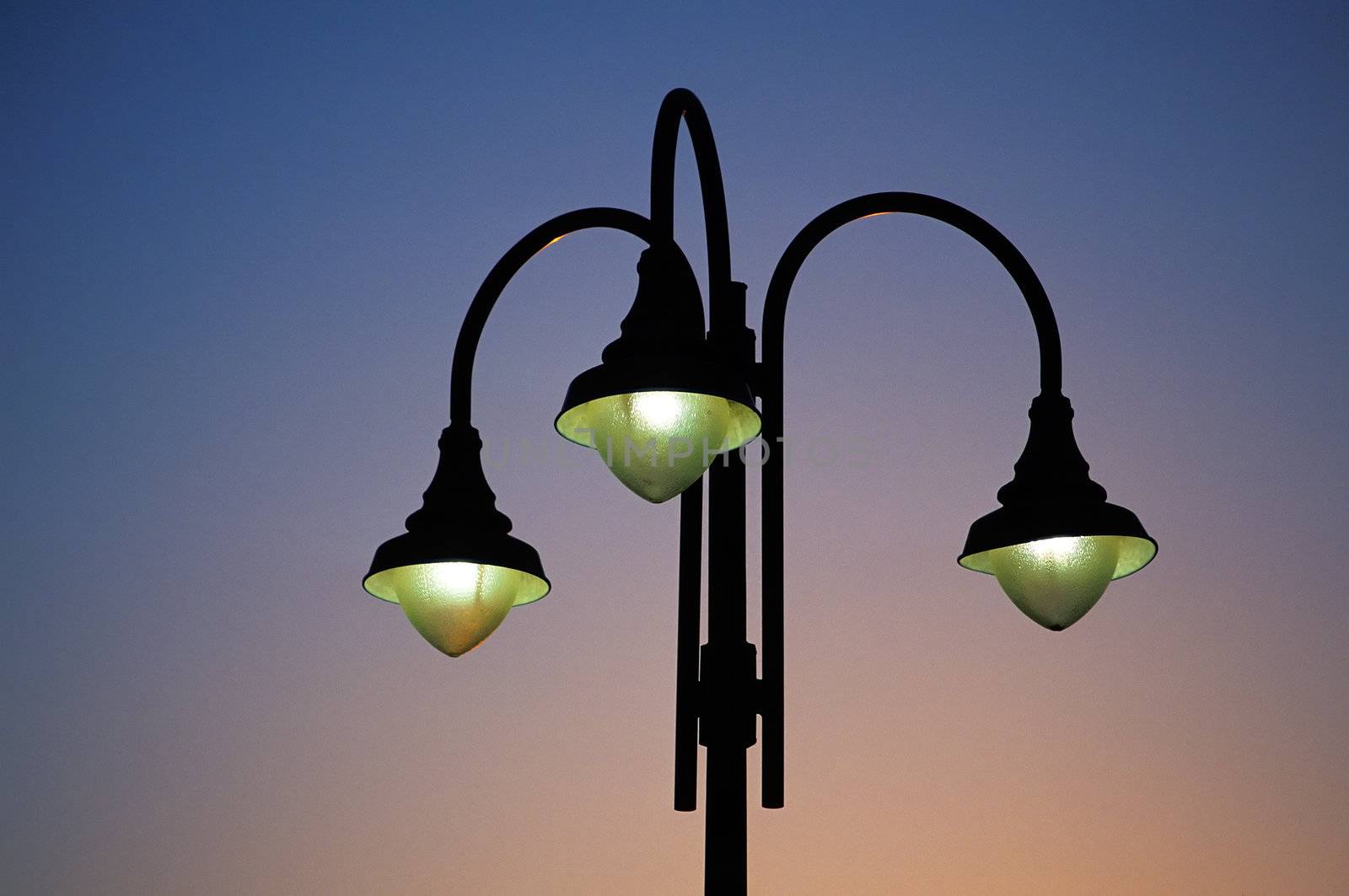 Three street lights in a city park