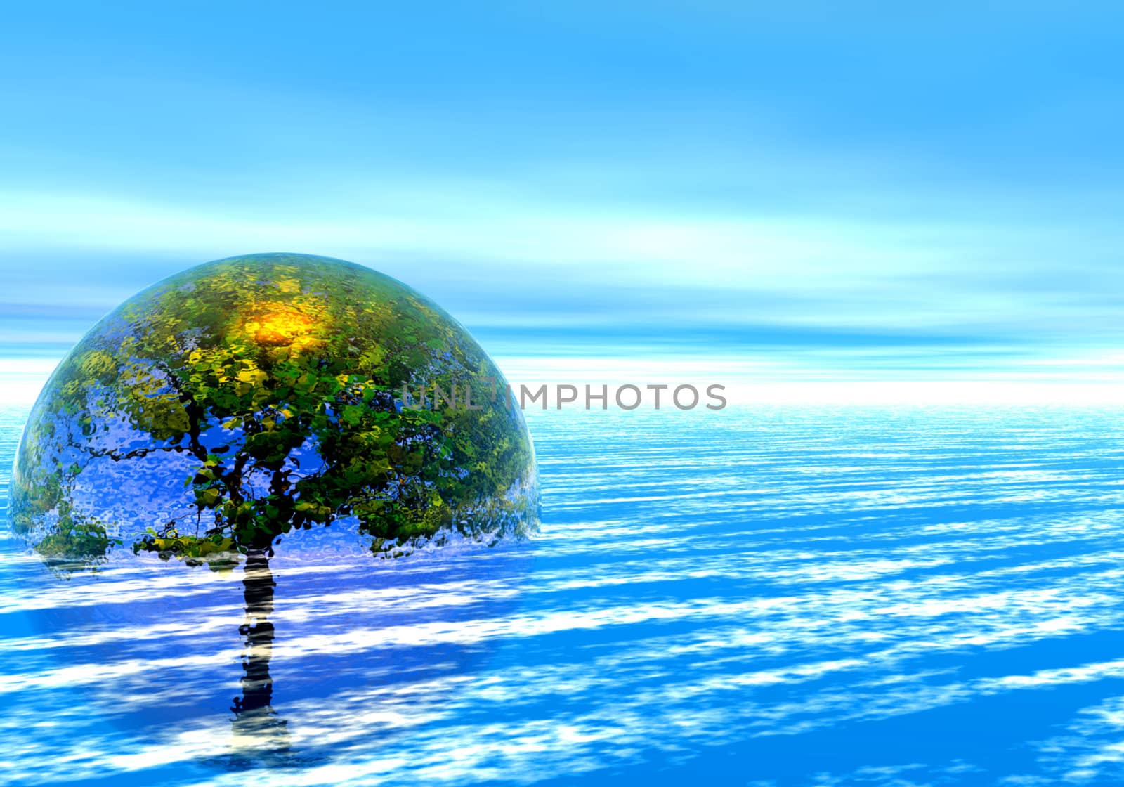 abstract creative symbolic image transparent dome, with the last island life