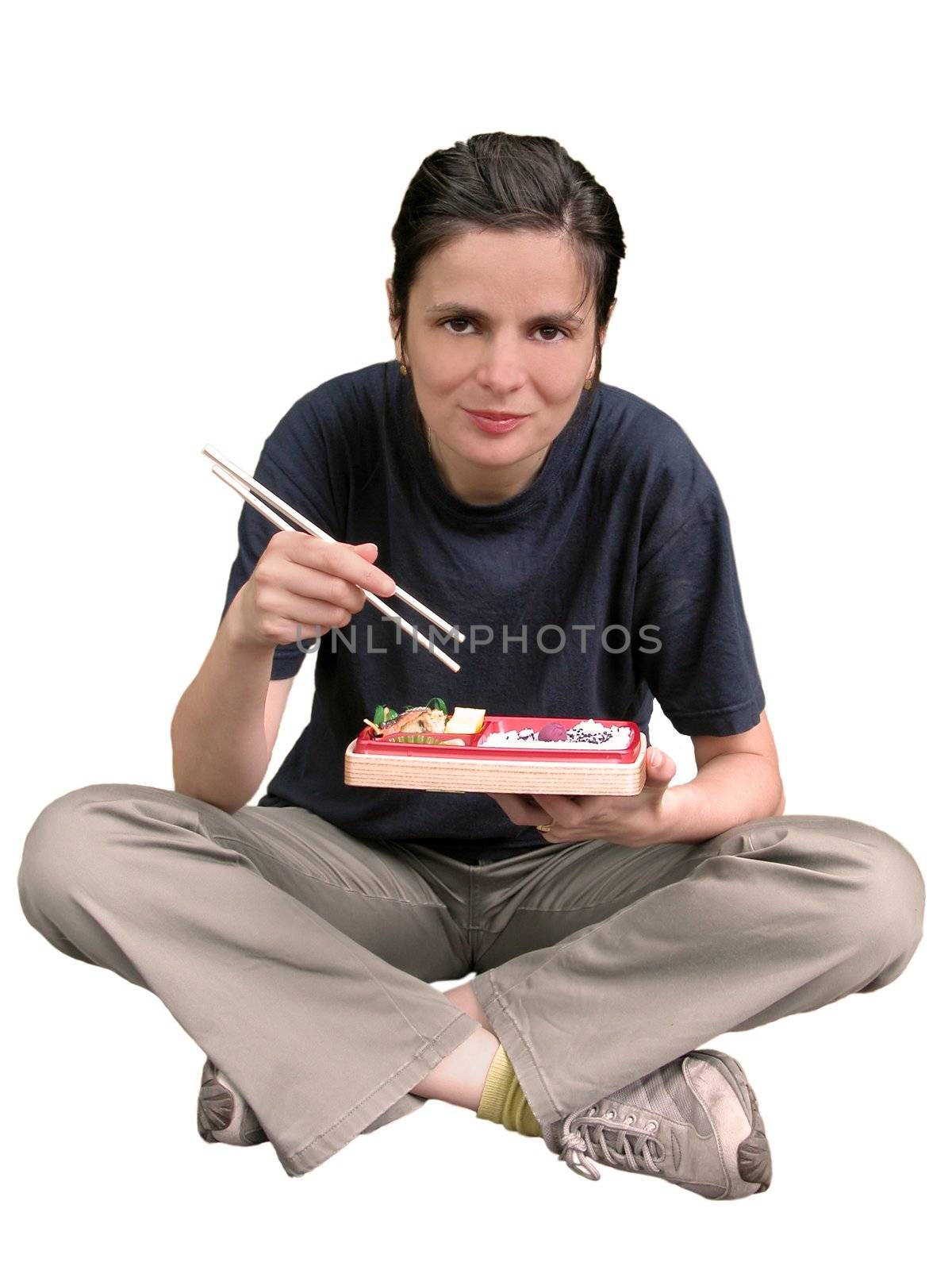 Casual non asian woman eating Japanese food usin chopsticks -over white background          