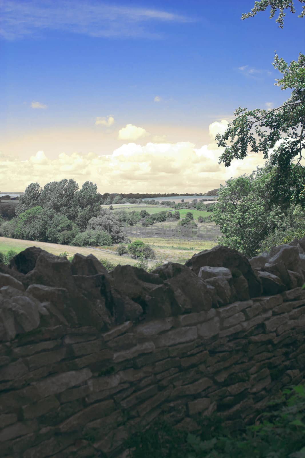 typical english landscape with medieval drystone wall in Oxfordshire