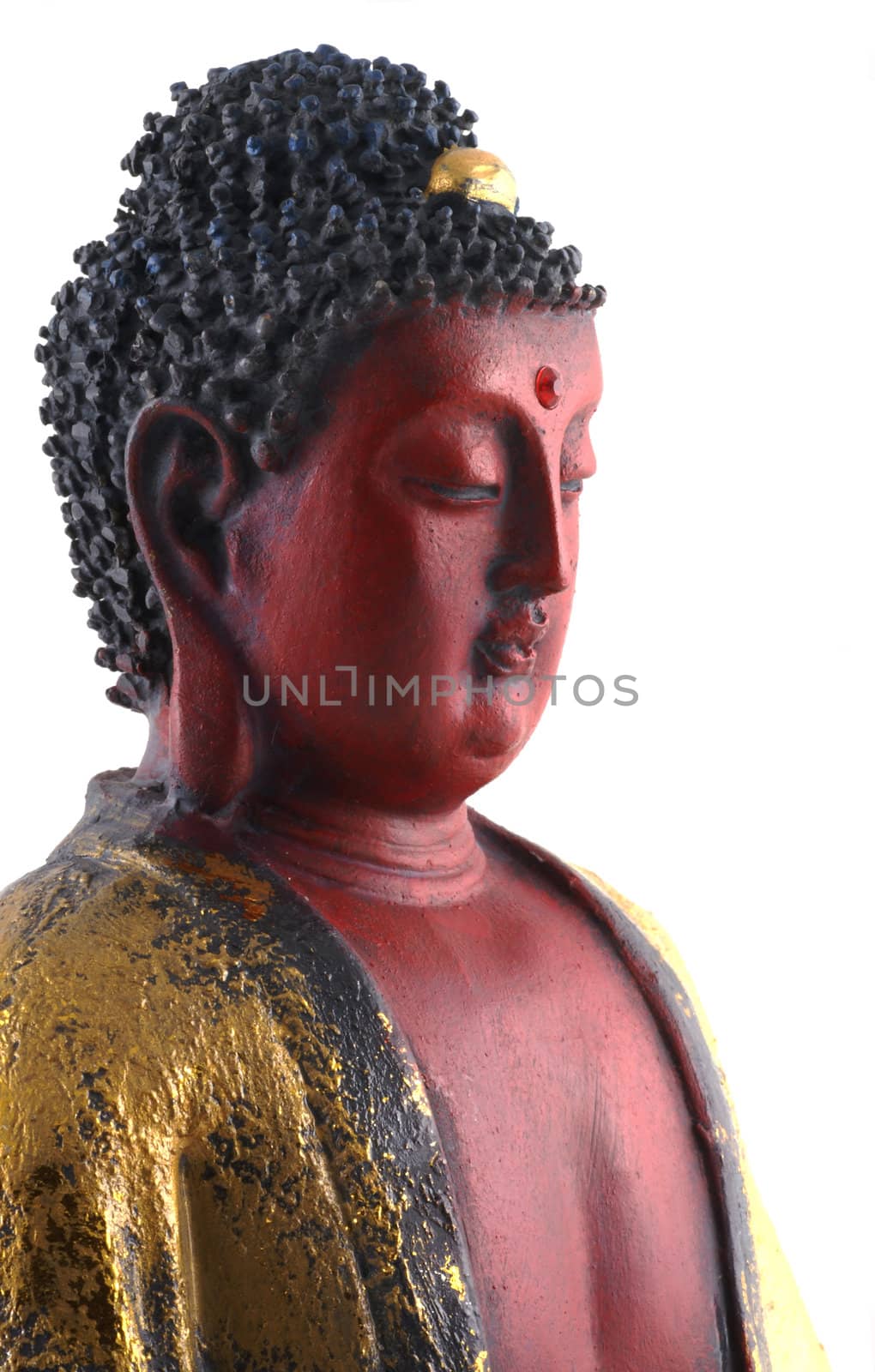 Upper body of a red buddha isolated on a white background.