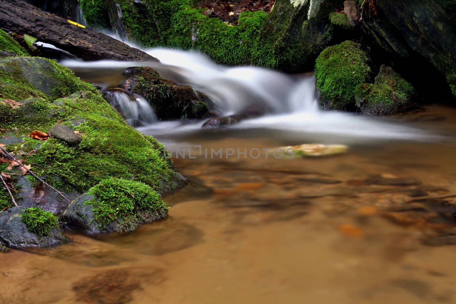 Small water fall with moss covered rocks.