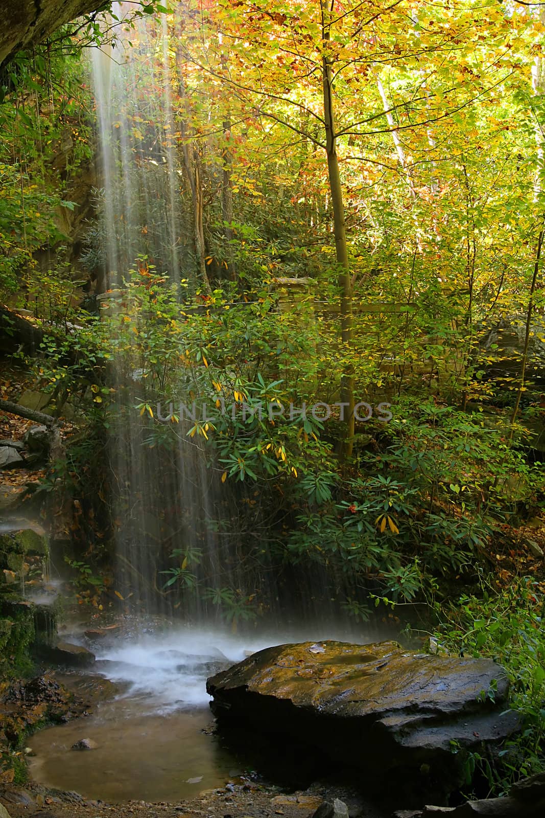 Side view of a waterfall during Autumn.