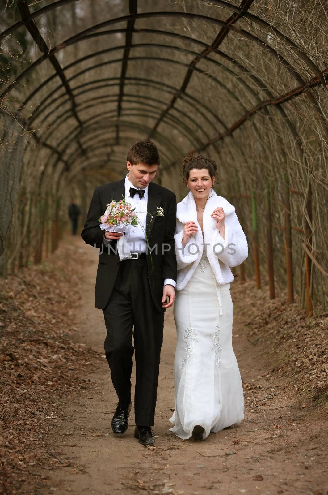 The groom and the bride walk in park