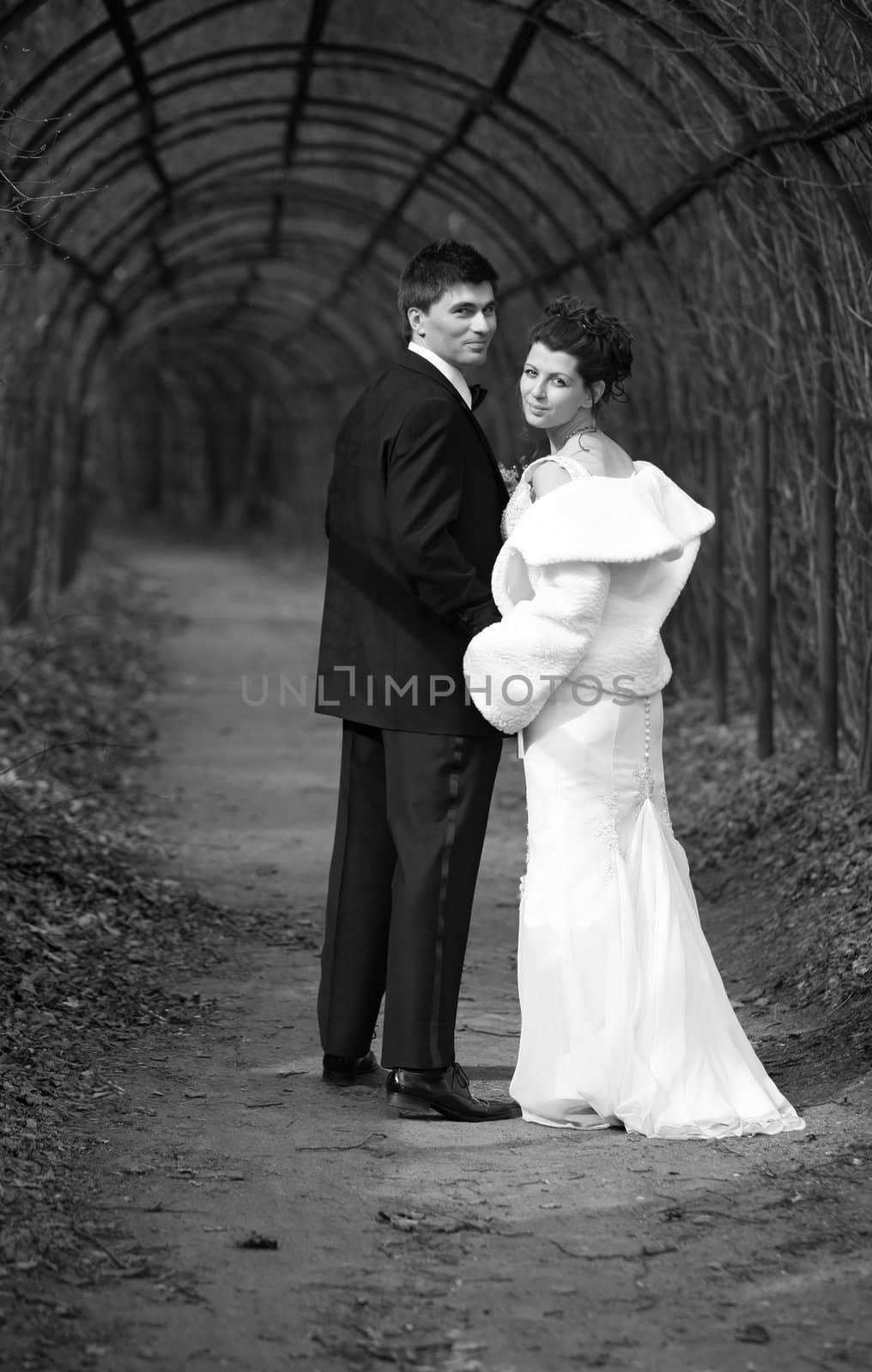 The groom and the bride walk in park. b/w