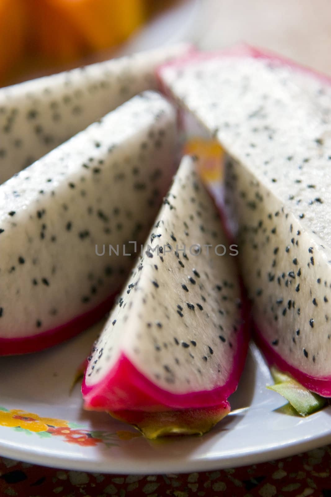 Close up of ready-to-serve pieces of dragon fruit. 