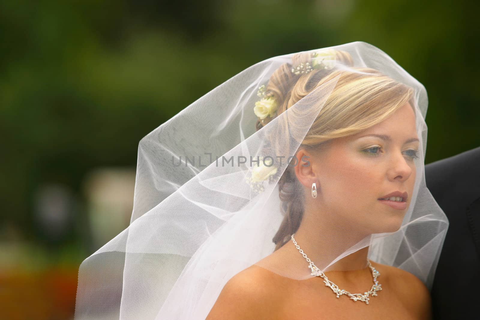 The beautiful bride in movement under a veil