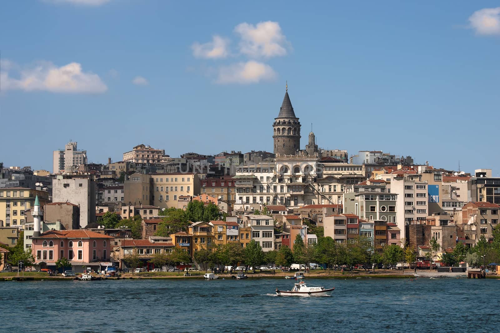 Tower over city view Istanbul with blue river